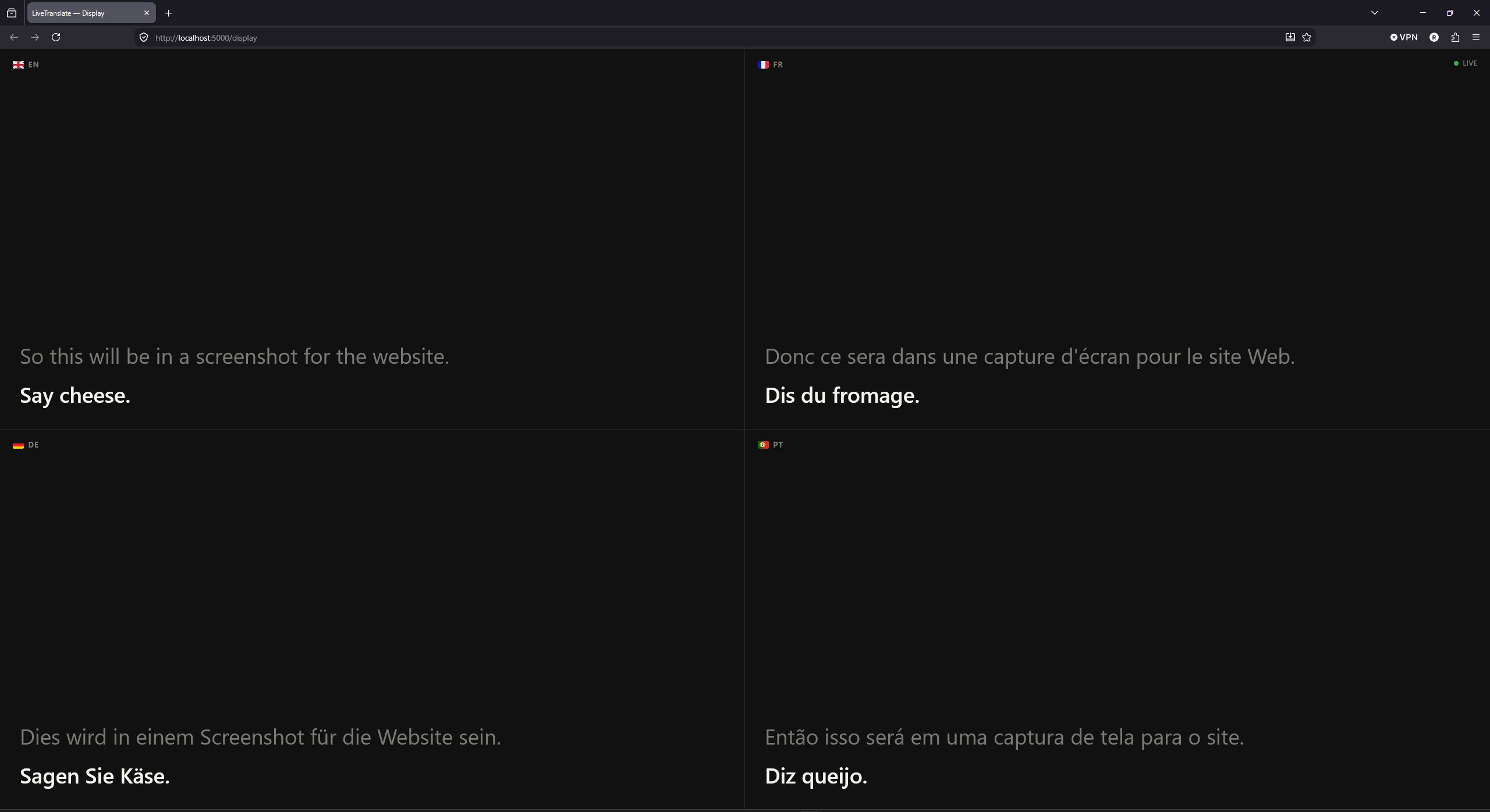 LiveTranslate display window projected on a screen, showing captions in English, French, German, and Portuguese side by side