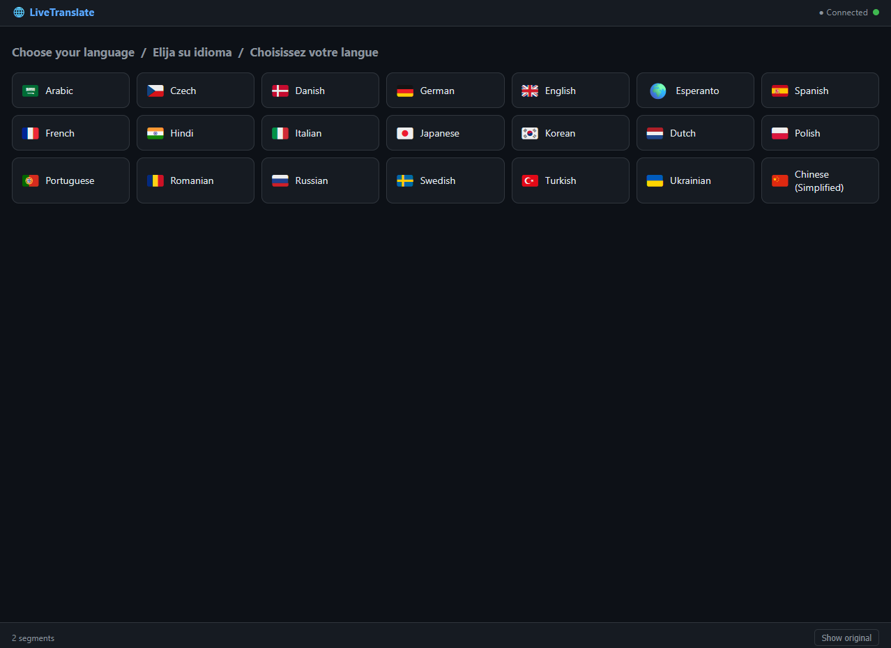 LiveTranslate language picker on a phone, showing the full list of supported languages